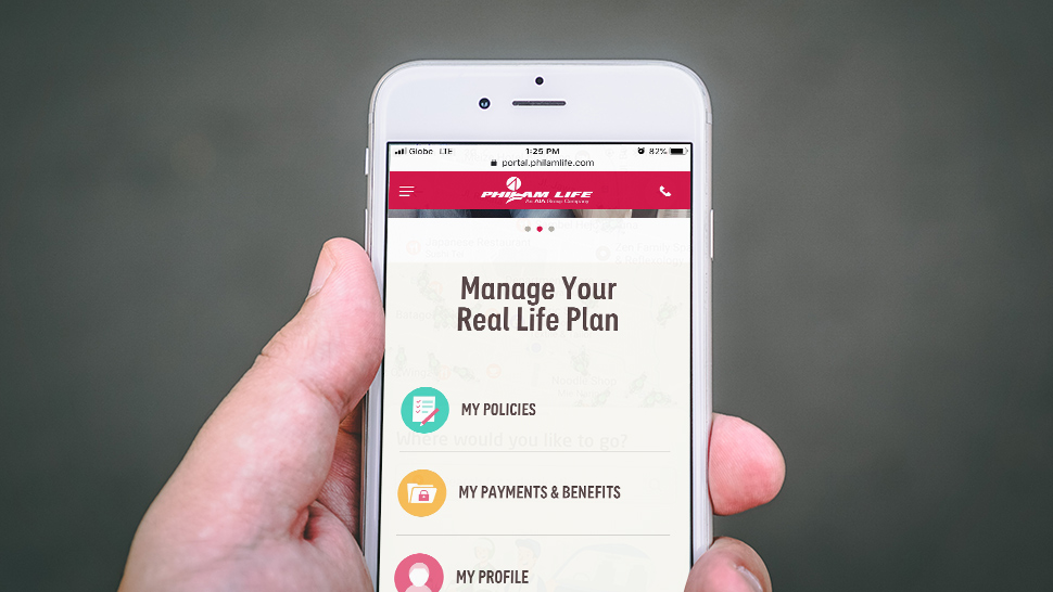 The ePlan customer portal open on a phone, showing My Policies, My Payments & Benefits and My Profile.